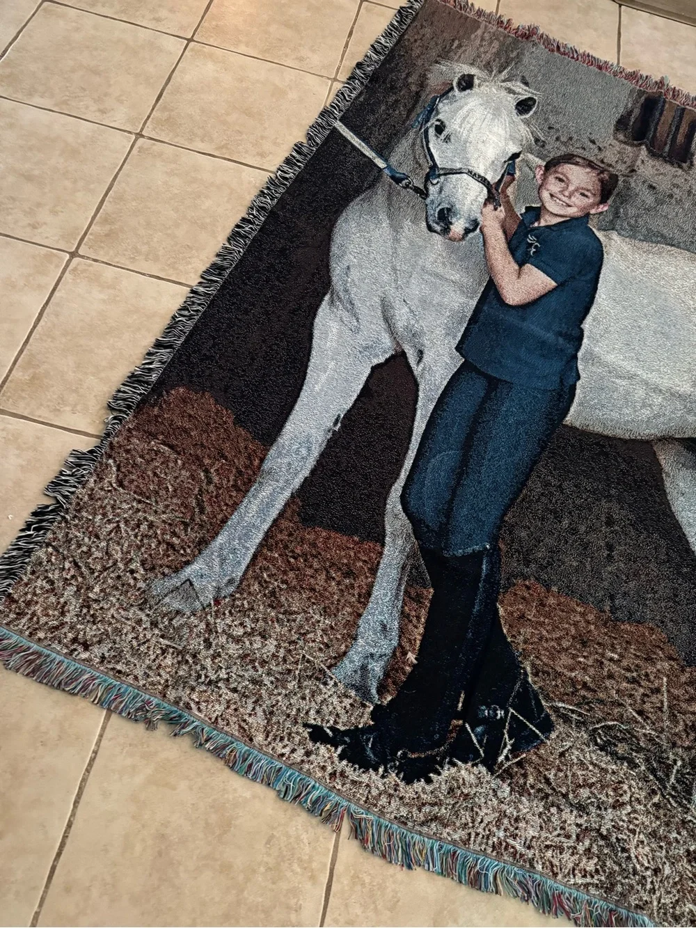 Custom Photo Tapestry Throw Blanket Girl & White Horse Equestrian Fringe
